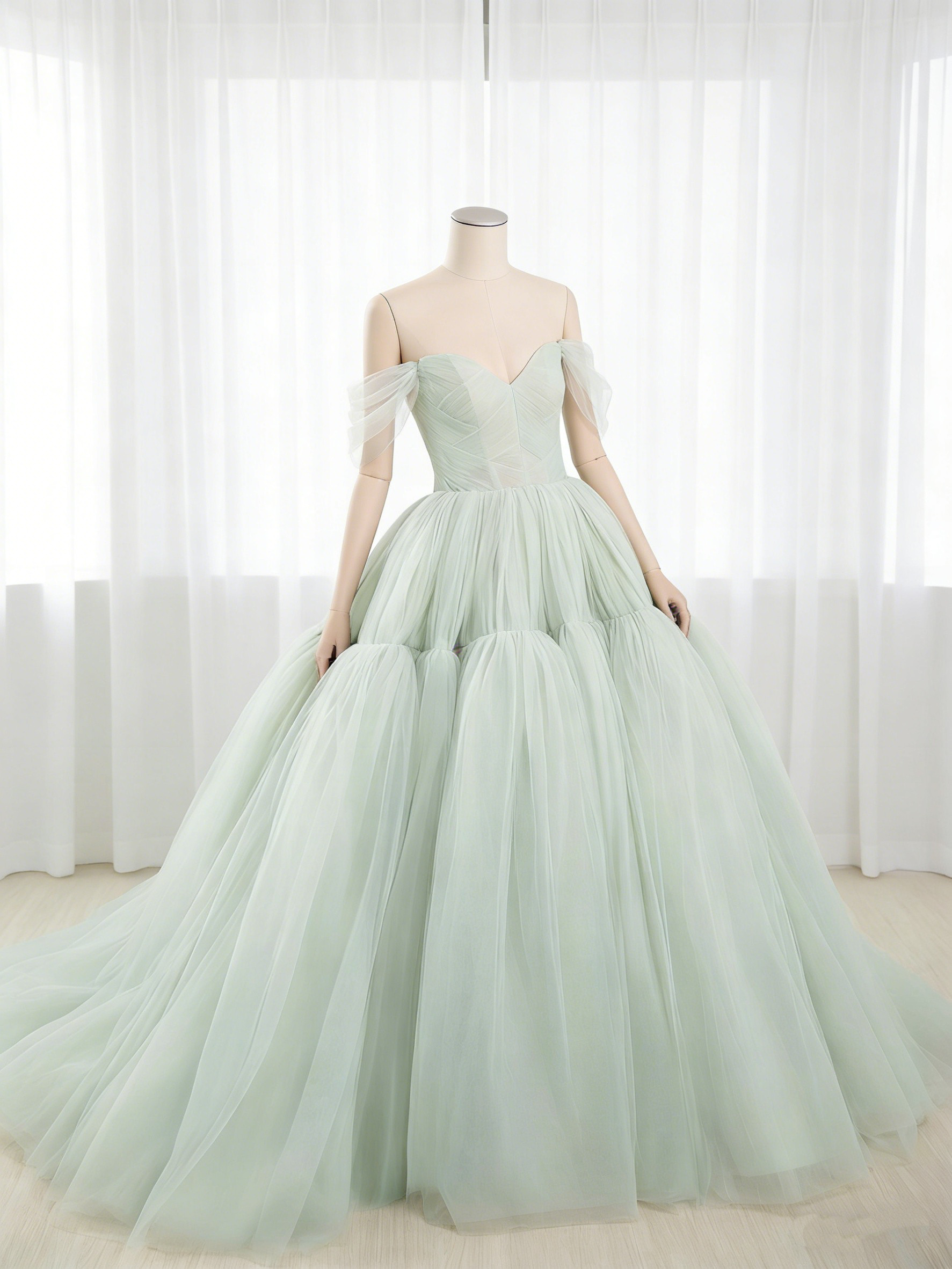 送料無料！カラードレス グリーン オフショルダー フレアスカート ハンドドレープ 結婚式 柔らかく重ねたチュールスカート