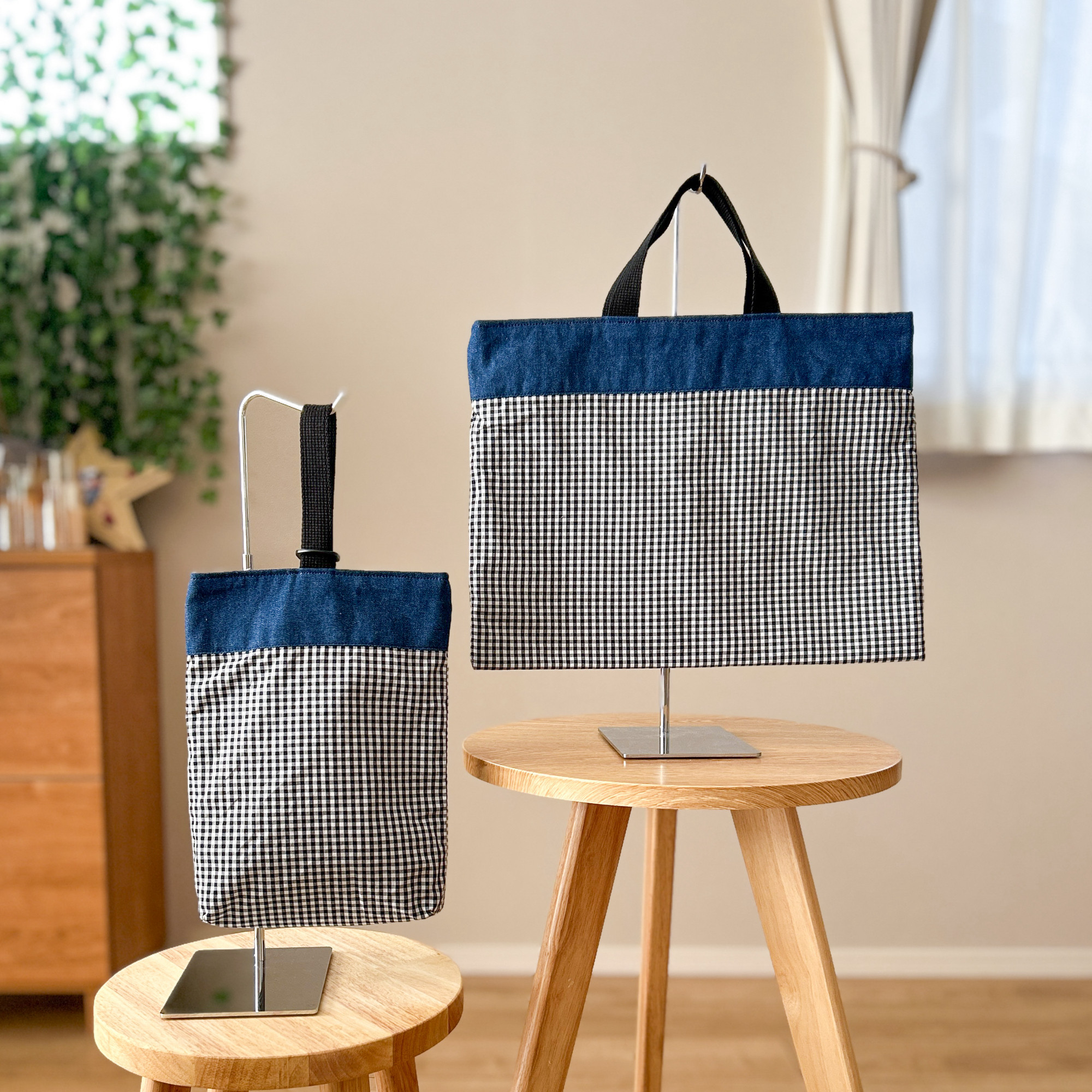岡山産デニム×ギンガムチェックのレッスンバッグ、上履き袋2点セット