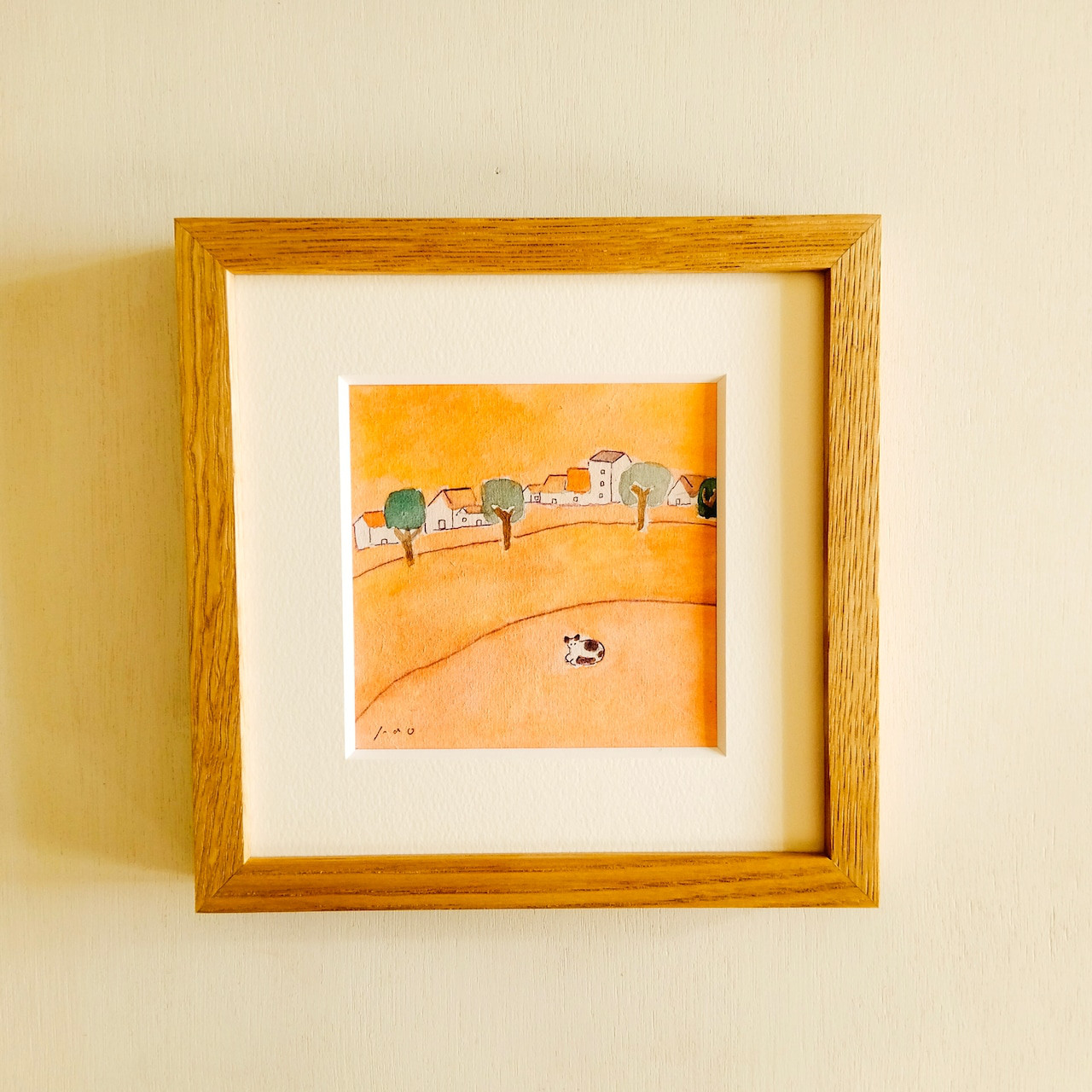 「黄昏の町」原画 ※木製額縁入り（18㎝角）一点物 水彩 イラスト 北欧インテリア