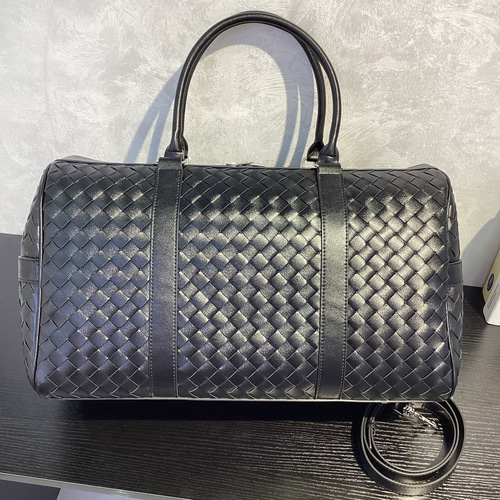 2026 真皮編み込み大容量旅行バッグ／枕型ボストンバッグ／ブラック