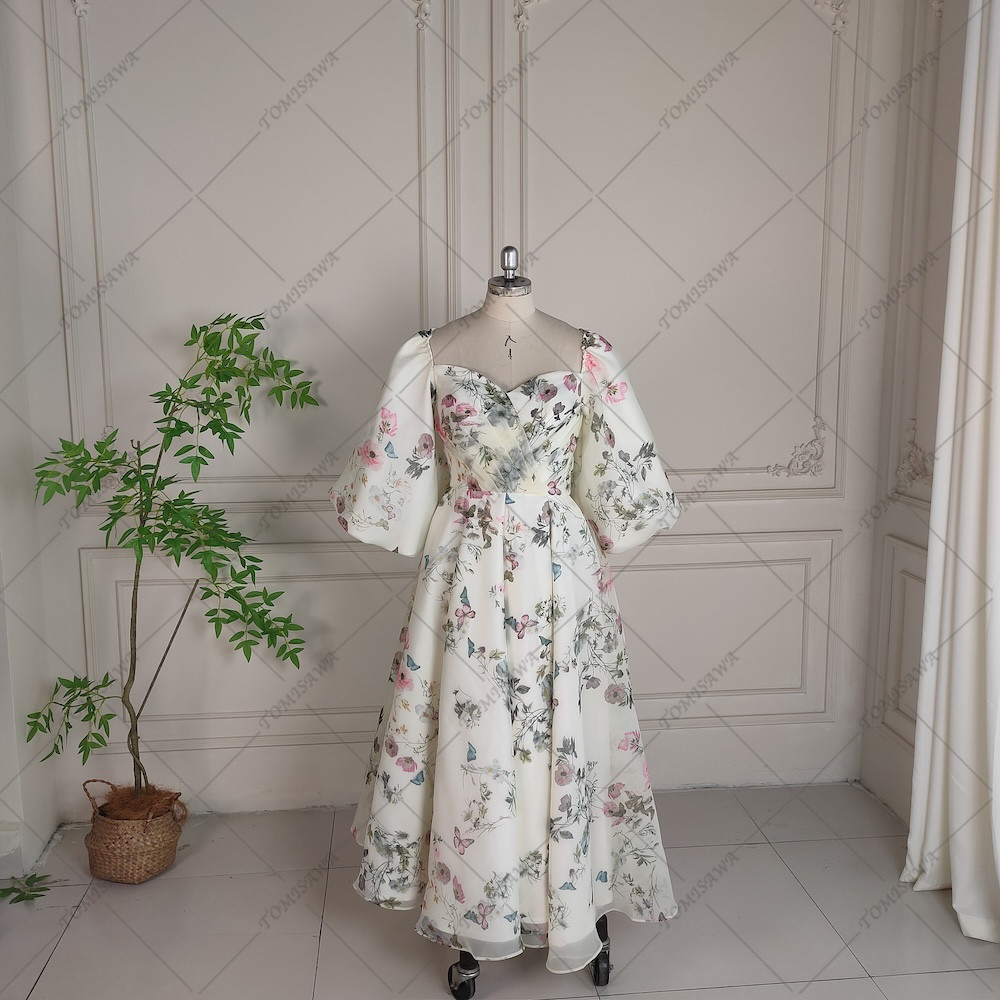 ミモレ丈 上品 ウェディングドレス  花嫁 挙げ式 披露宴 結婚式ドレス F663-1