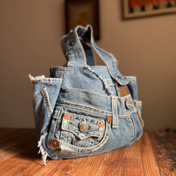 まんまるトートバッグ小サイズ デニムリメイク×とら柄【スマホのおうち