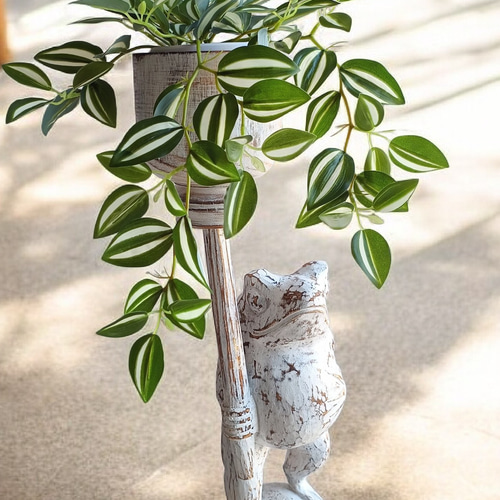 木彫りのカエル｜鉢カバー ポット｜フェイクグリーン 造花｜花台