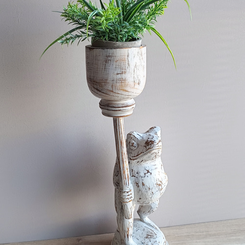 木彫りのカエル｜鉢カバー ポット｜フェイクグリーン 造花｜花台