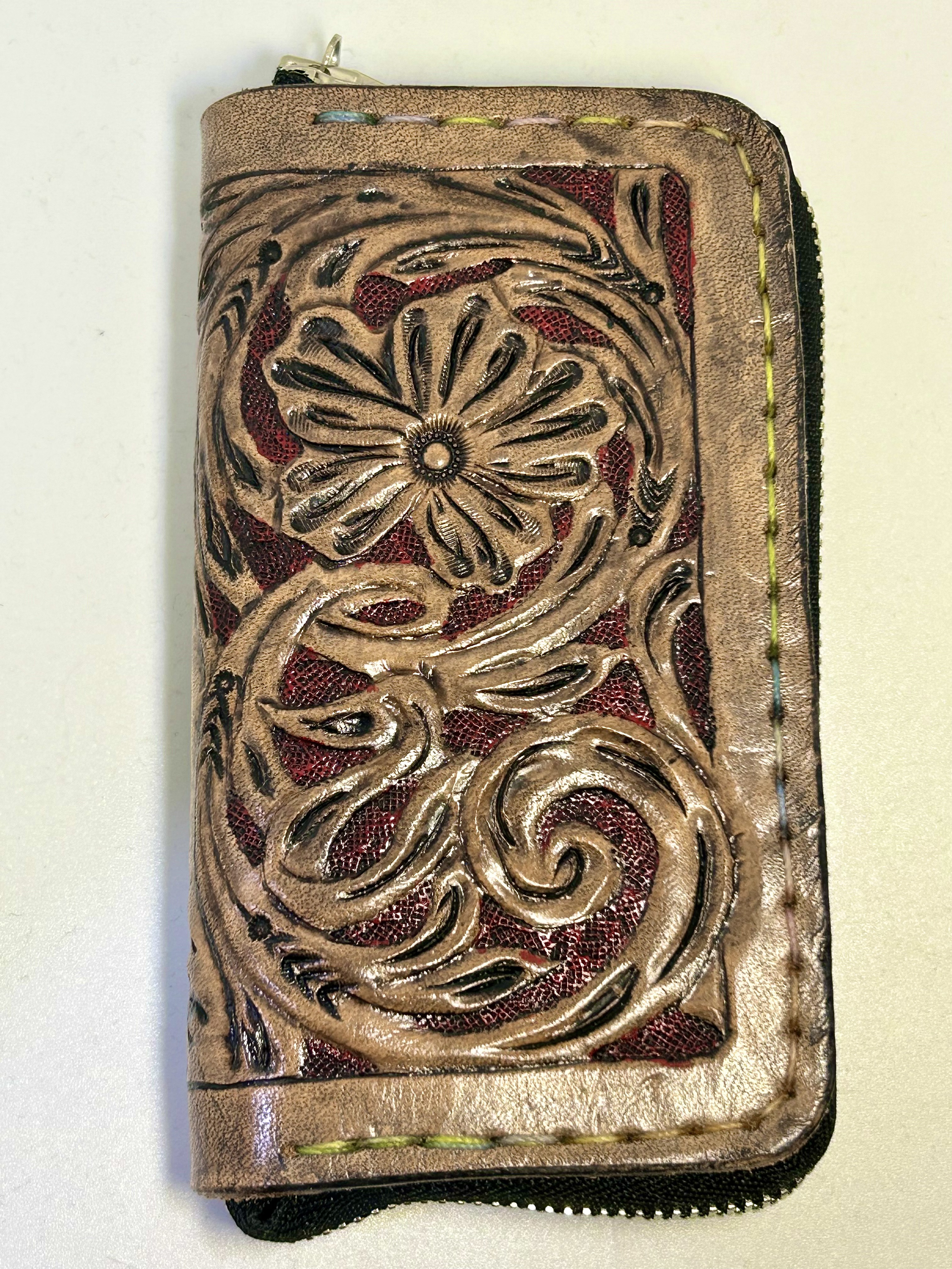 レザー 革 カービング キーケース 赤