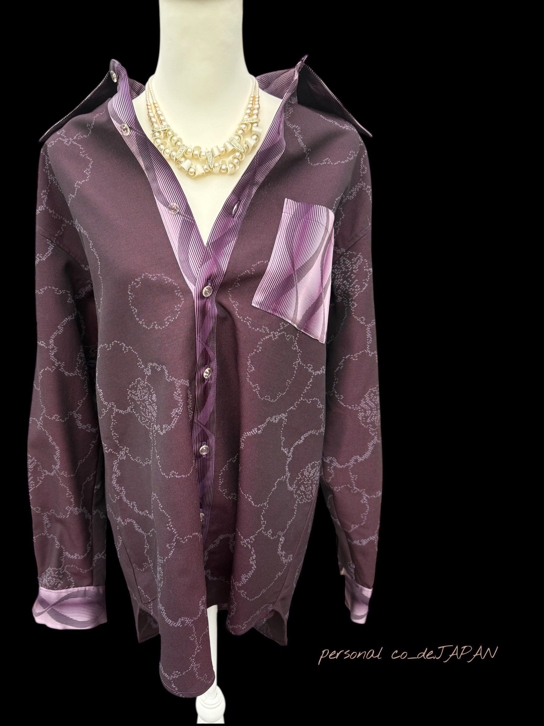 ご祈祷ロングシャツ【一点物】紫苑に浮かぶ余韻  正絹着物リメイク