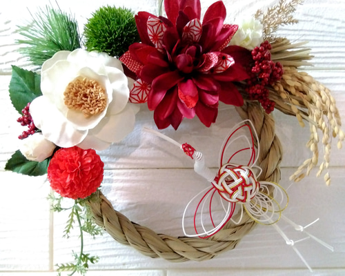 お正月 しめ縄 しめ飾り ダリア と 椿 紅白 鶴 しめ縄・しめ飾り Harry