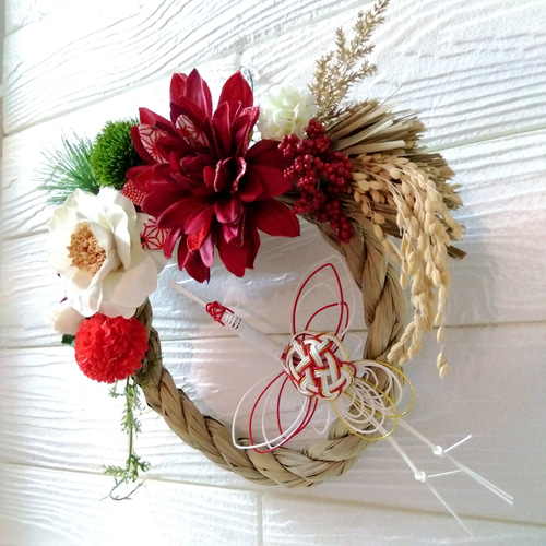 お正月 しめ縄 しめ飾り ダリア と 椿 紅白 鶴 しめ縄・しめ飾り Harry