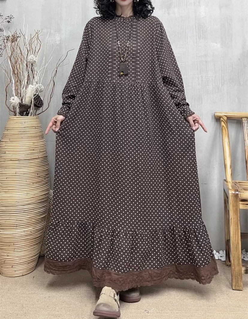 春、秋、綿麻ワンピース・長袖・ポケット付き