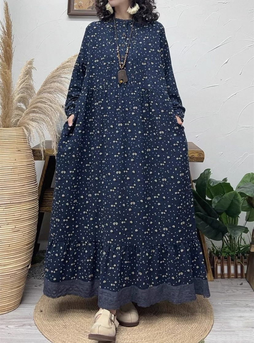 春、秋、綿麻ワンピース・長袖・ポケット付き