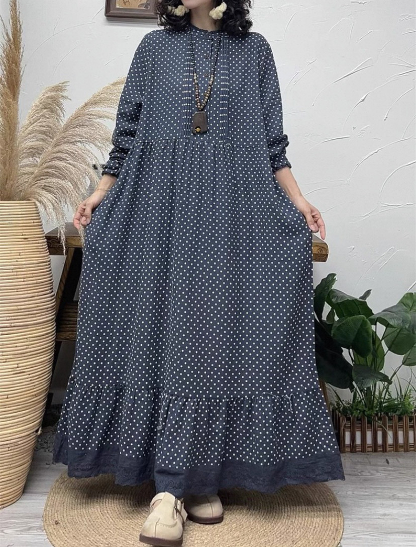 春、秋、綿麻ワンピース・長袖・ポケット付き