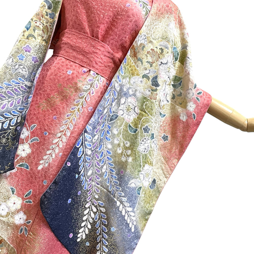 送料無料 着物 リメイク ゆったりなのに美しい 辻ヶ花 金彩 桃珊瑚