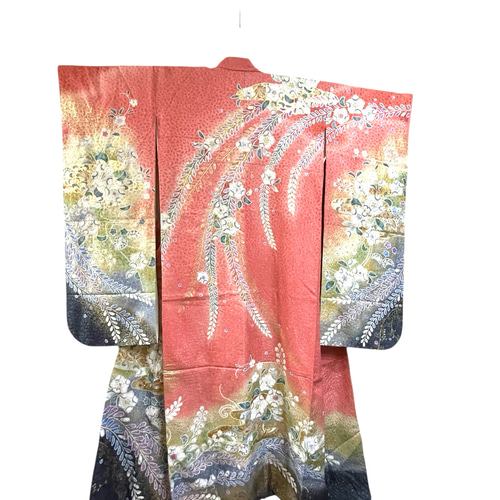 送料無料 着物 リメイク ゆったりなのに美しい 辻ヶ花 金彩 桃珊瑚