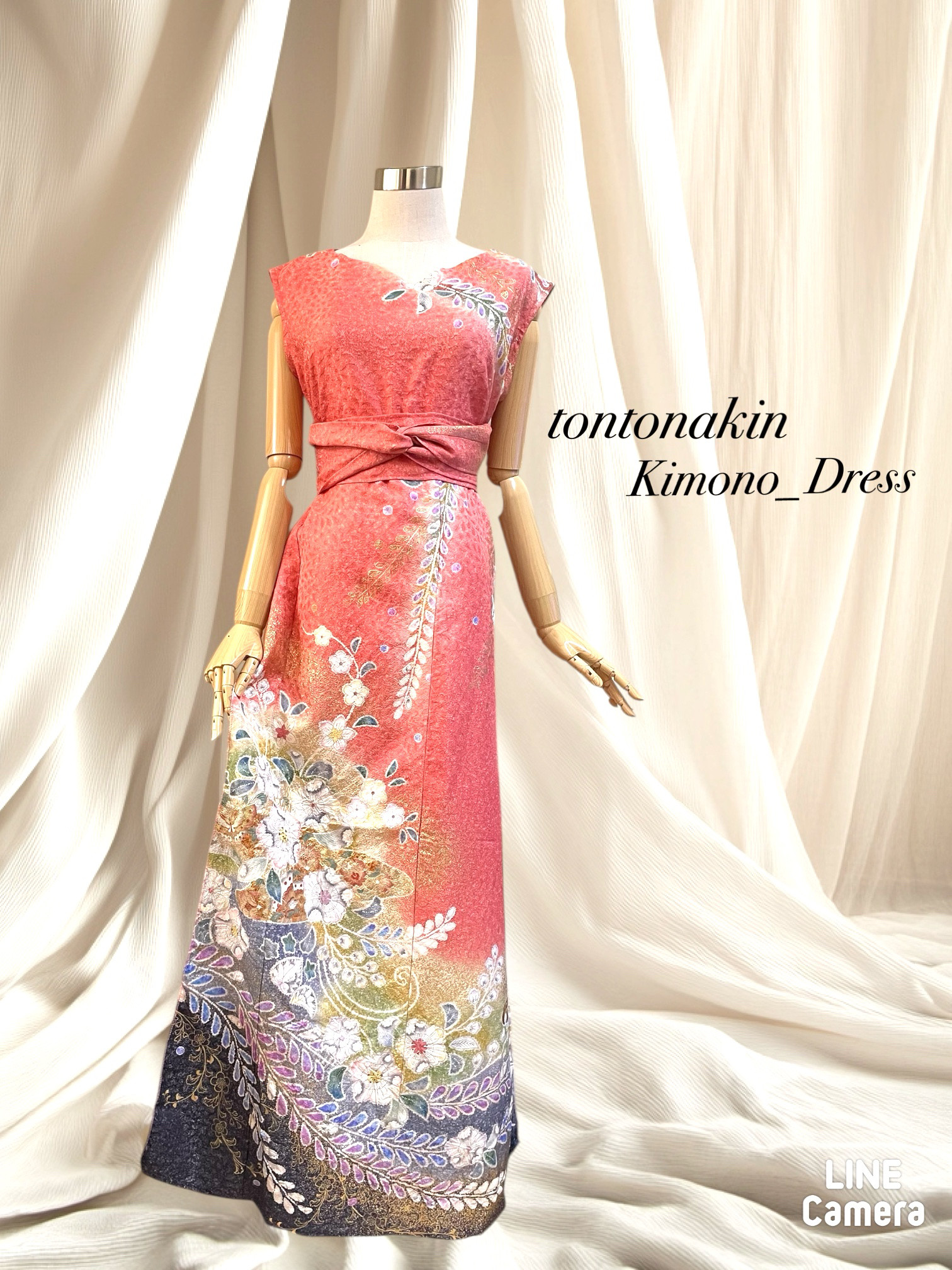送料無料 着物 リメイク ゆったりなのに美しい 辻ヶ花 金彩 桃珊瑚 正絹ロングドレス L〜LL