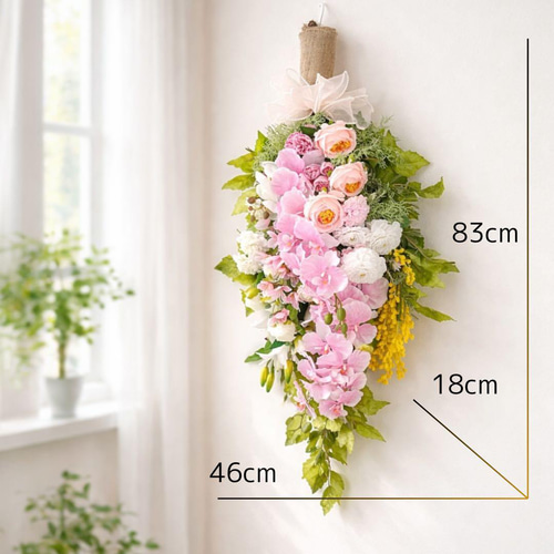 胡蝶蘭とミモザのスワッグ｜光触媒フラワー 特大83cm 春色フラワー