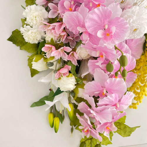 胡蝶蘭とミモザのスワッグ｜光触媒フラワー 特大83cm 春色フラワーリース 胡蝶蘭とミモザのスワッグ｜光触媒フラワー 特大83cm 春色フラワー