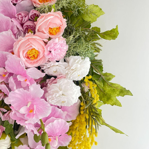 胡蝶蘭とミモザのスワッグ｜光触媒フラワー 特大83cm 春色フラワー