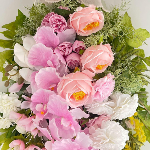 胡蝶蘭とミモザのスワッグ｜光触媒フラワー 特大83cm 春色フラワー