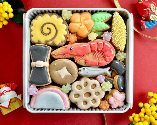 12月31日までにお届け】おせちアイシングクッキー缶 焼き菓子 にじいろ