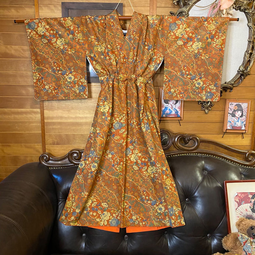 着物リメイク ワンピース ドレス セミロング 洗える 化繊 名古屋帯