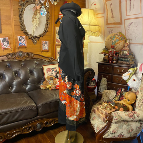 toque56　着物リメイクワンピース　黒留袖ドレス　リピ割　作家物　鶴群 toque56 着物リメイクワンピース 黒留袖ドレス リピ割 作家物 鶴群