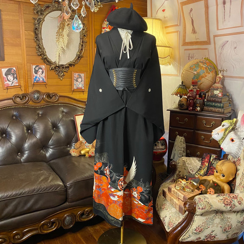 黒留袖 着物 リメイク ワンピース ドレス ロング 和洋折衷 洗える 化繊