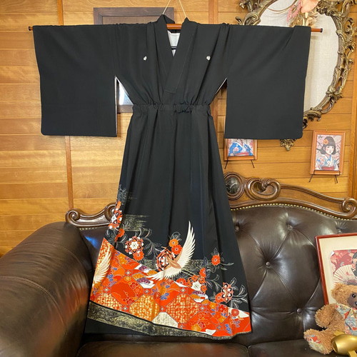 黒留袖 着物 リメイク ワンピース ドレス ロング 和洋折衷 洗える 化繊