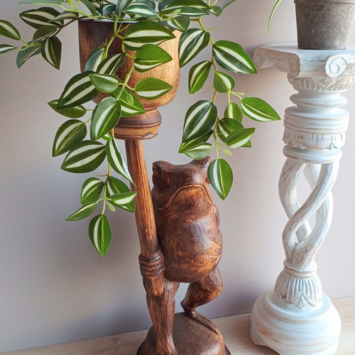 木彫りのカエル｜鉢カバー ポット｜フェイクグリーン 造花｜花台