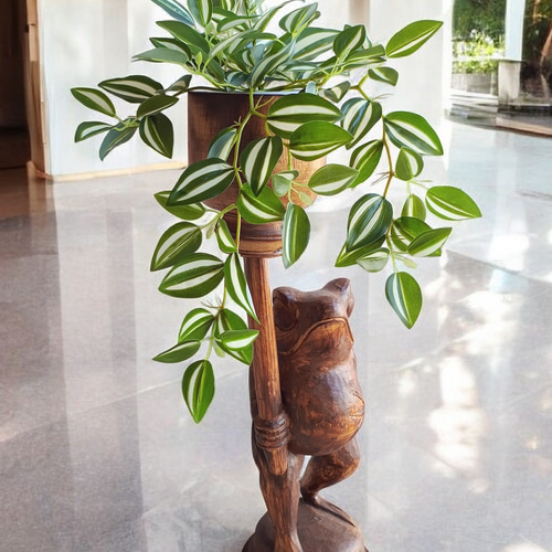 木彫りのカエル｜鉢カバー ポット｜フェイクグリーン 造花｜花台