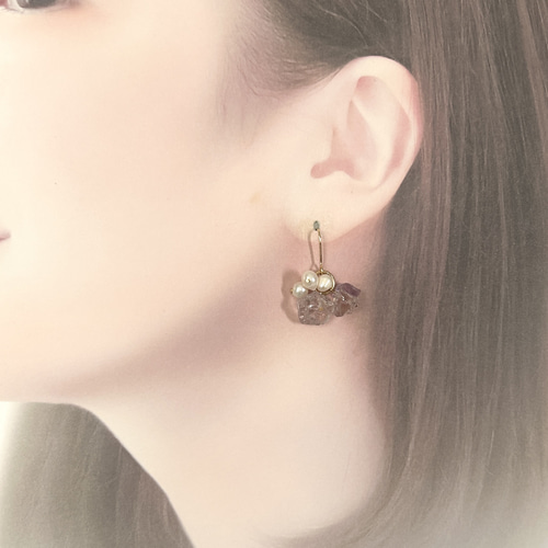 ラフカットアメジスト×淡水パール ピアス/イヤリング/樹脂