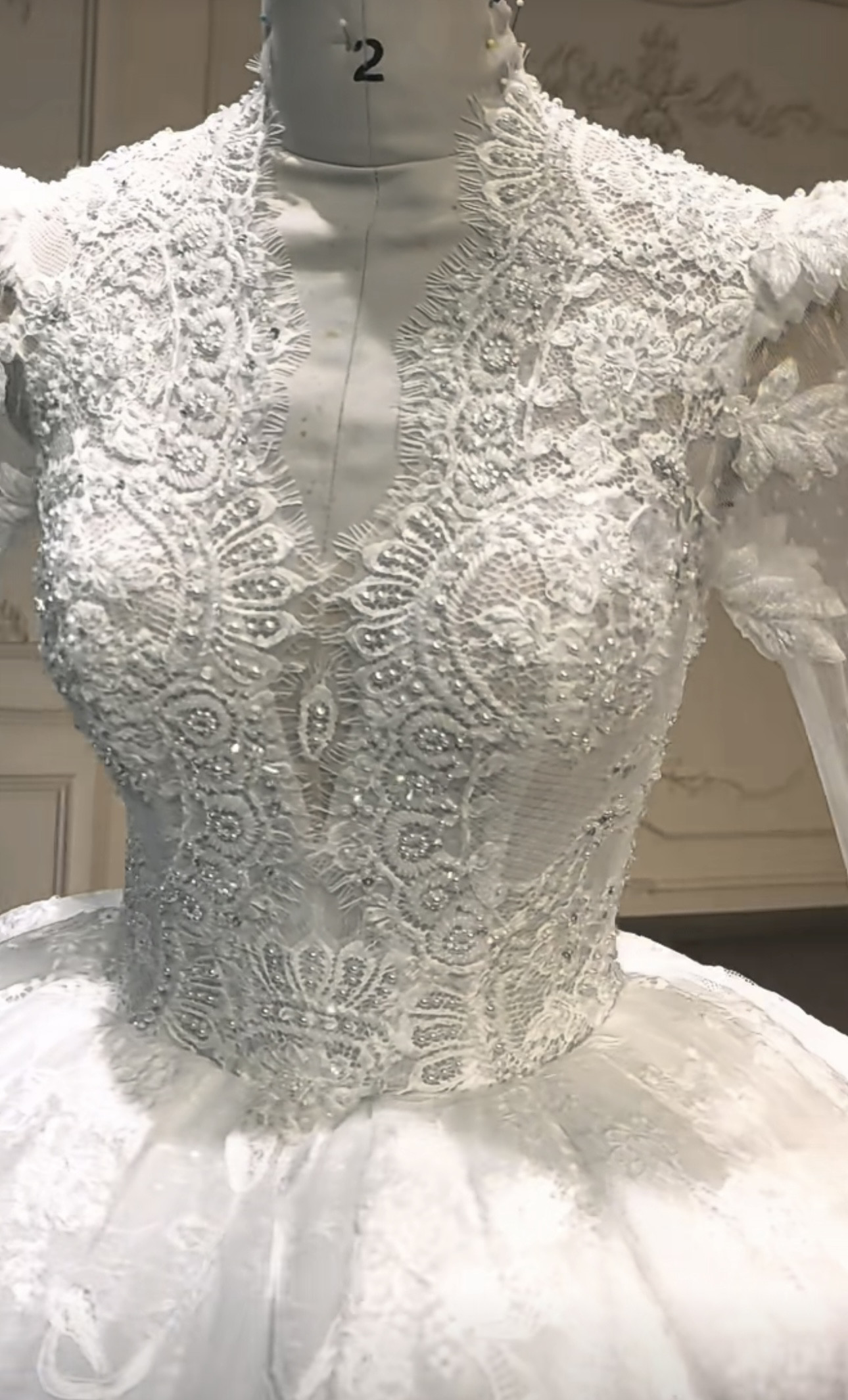 エレガント　純粋な美しさ　vネック　ベール付き　裾に優雅なレース付き　長袖　背中見せ　ふわふわチュール　白　前撮りお呼ば