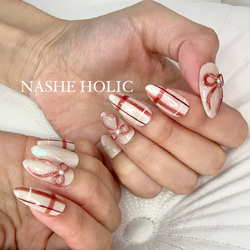 ベージュ×赤のチェックリボン- リボンネイル ネイルチップ 冬 赤