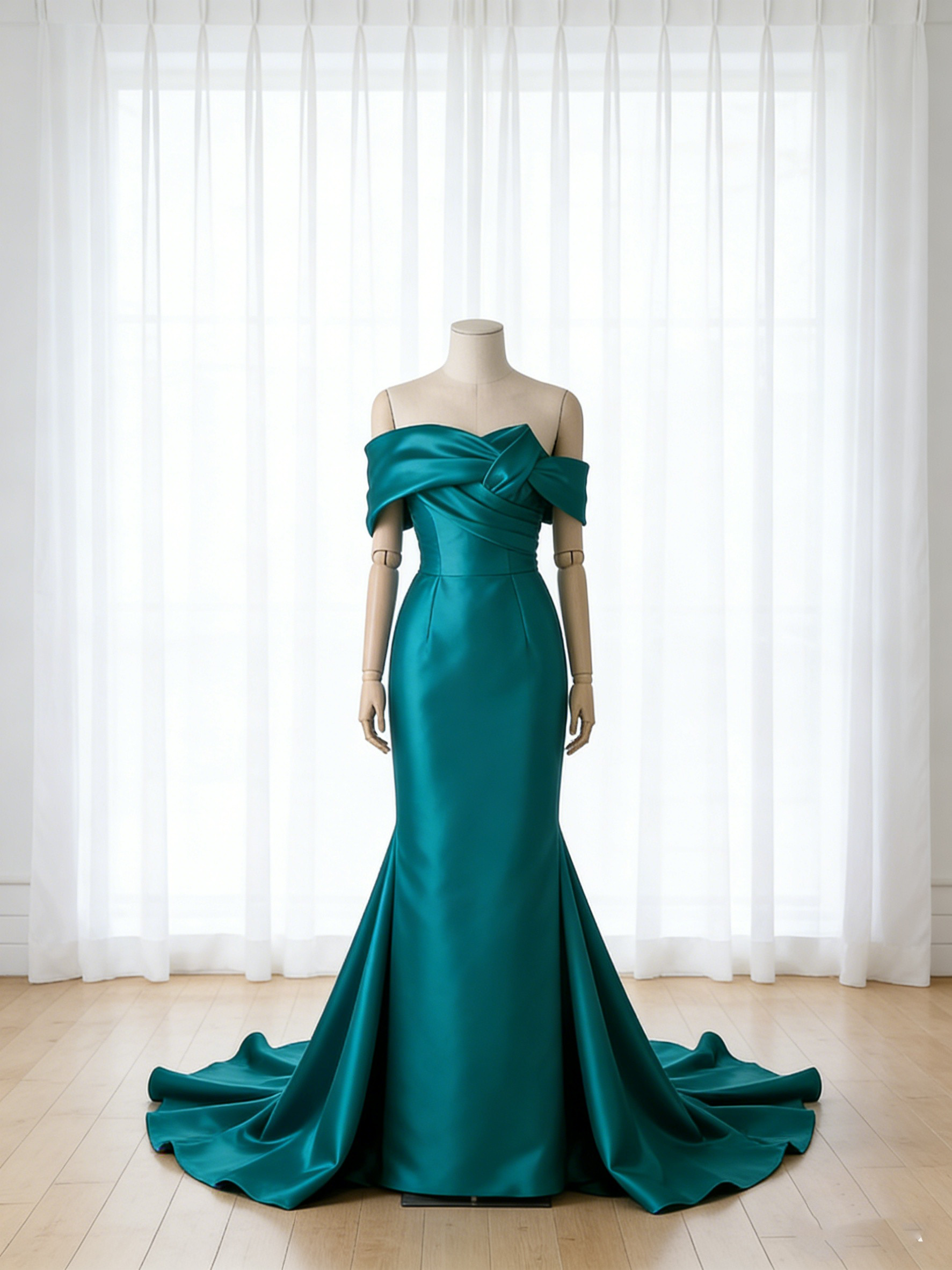 送料無料！カラードレス オフショルダー マーメイドライン 優雅なシルエット ロングトレーン 前撮り アンティークなドレス