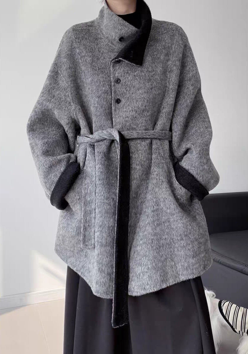 上品さと保温力を兼ね備えたグレー×ウール♪スタンドカラーコート