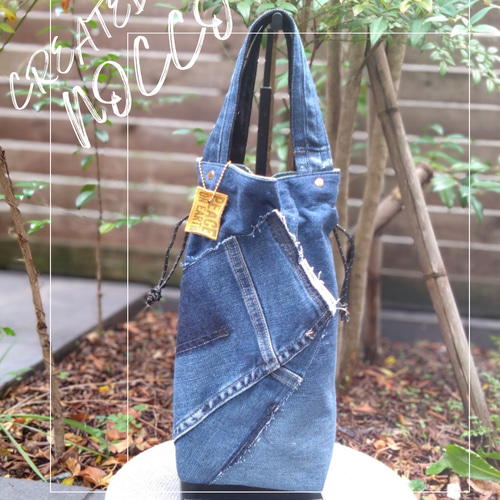 №818【DENIM✖️巾着バッグ⚮̈】デニムリメイクサブバッグ/ミニバッグ