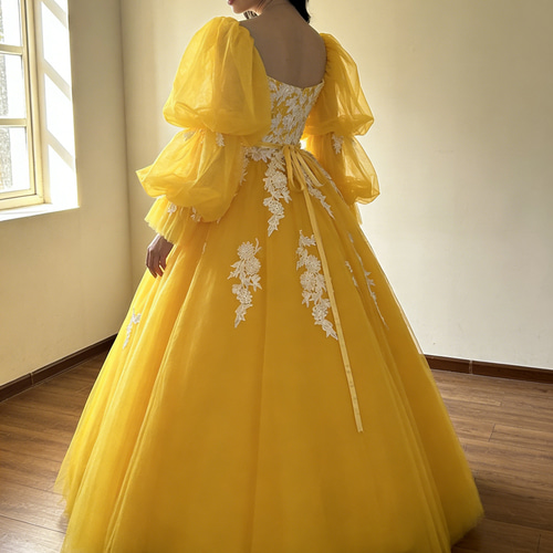 高品質！明るいイエロー 黄色カラードレス 上品花レース 二段