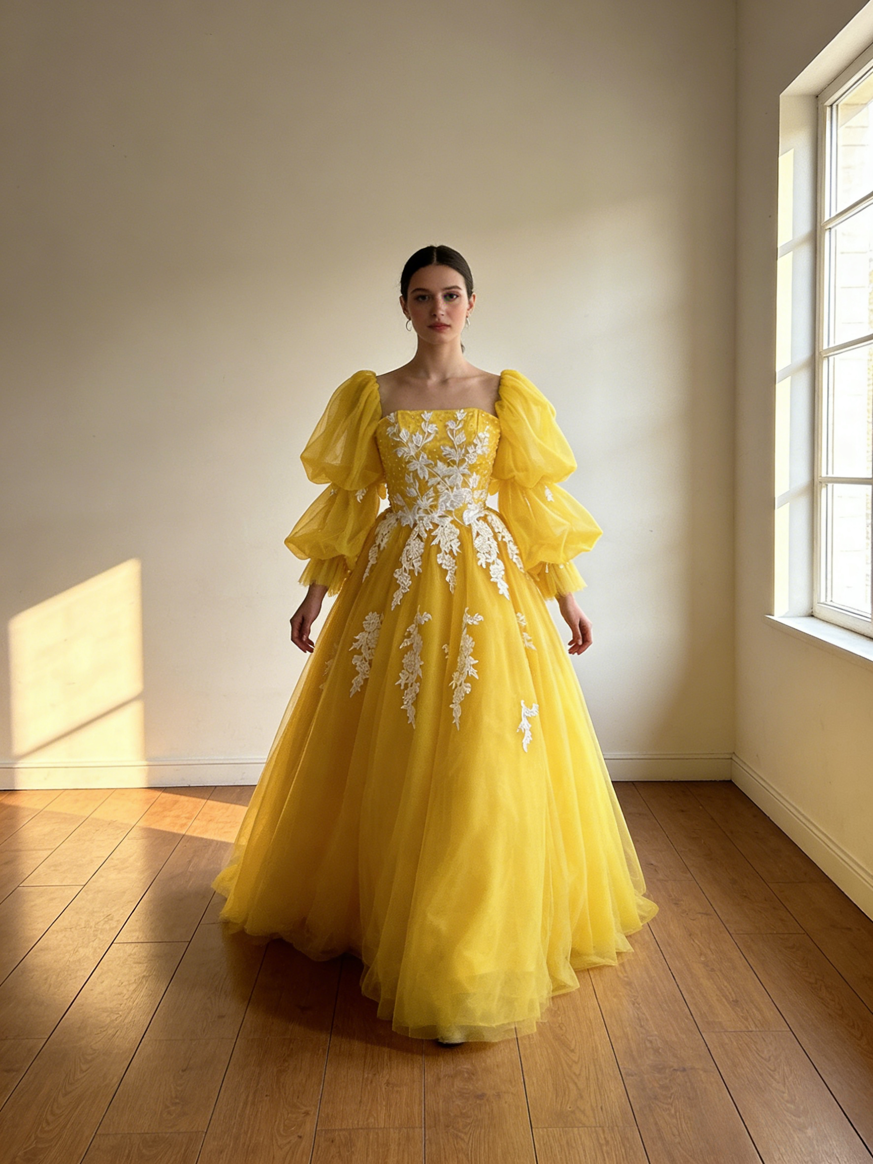 高品質！明るいイエロー 黄色カラードレス 上品花レース 二段パフスリーブ ソフトチュール 花嫁/挙式/前撮り/結婚式