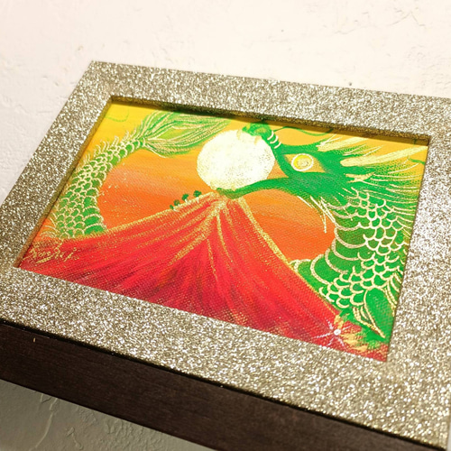風水吉祥黄金絵画＊お宝龍神金陽赤富士～幸せの種を掴んだ緑龍～金銭運