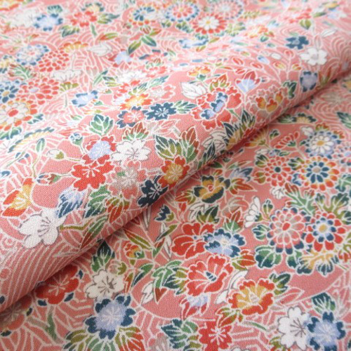 茶がかった薄桃色 四季花模様 本加賀友禅 正絹 丹後ちりめん No.233