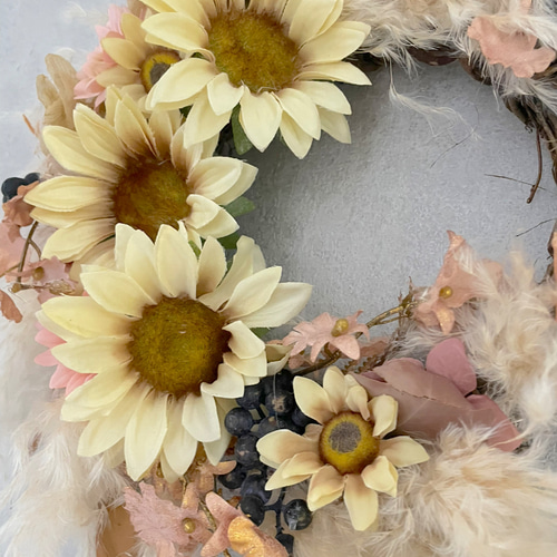 ホワイトベージュひまわりのドライフラワーリース リース my craft