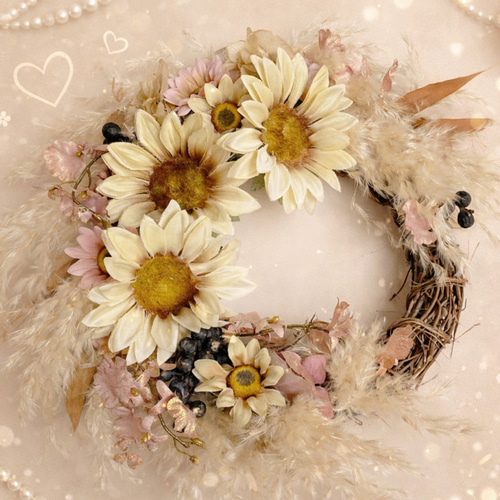 ホワイトベージュひまわりのドライフラワーリース リース my craft