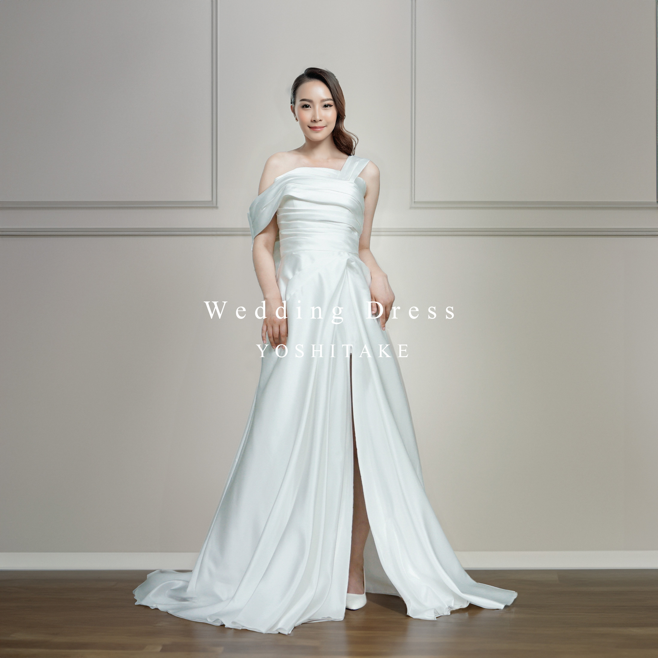 【オーダー制作】ウエディングドレス.白.サテン.オフショルダー.Aライン.リボン.Y2220