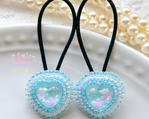 キッズヘアゴム】[冬限定]きらきらハートのスノードーム風ヘアゴム 2つ