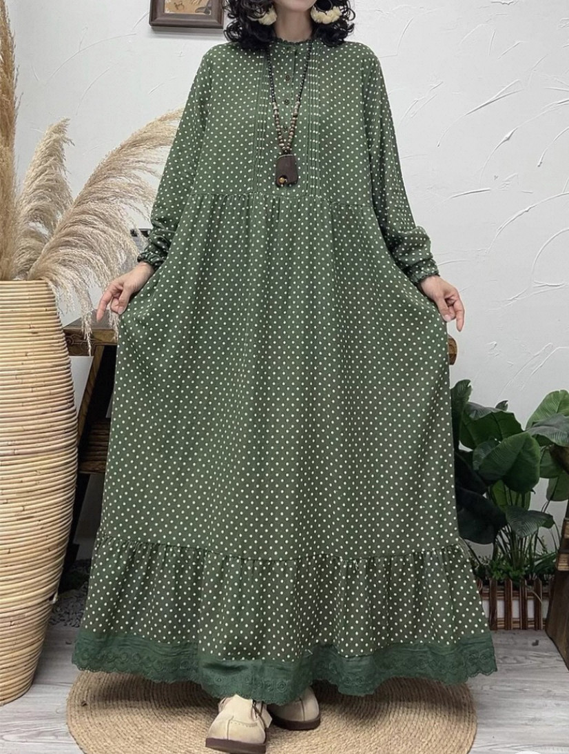 春、秋、綿麻ワンピース・長袖・ポケット付き