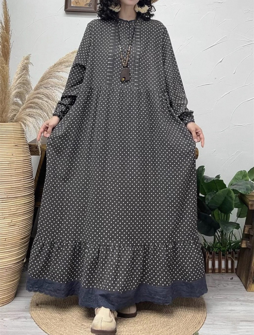 春、秋、綿麻ワンピース・長袖・ポケット付き