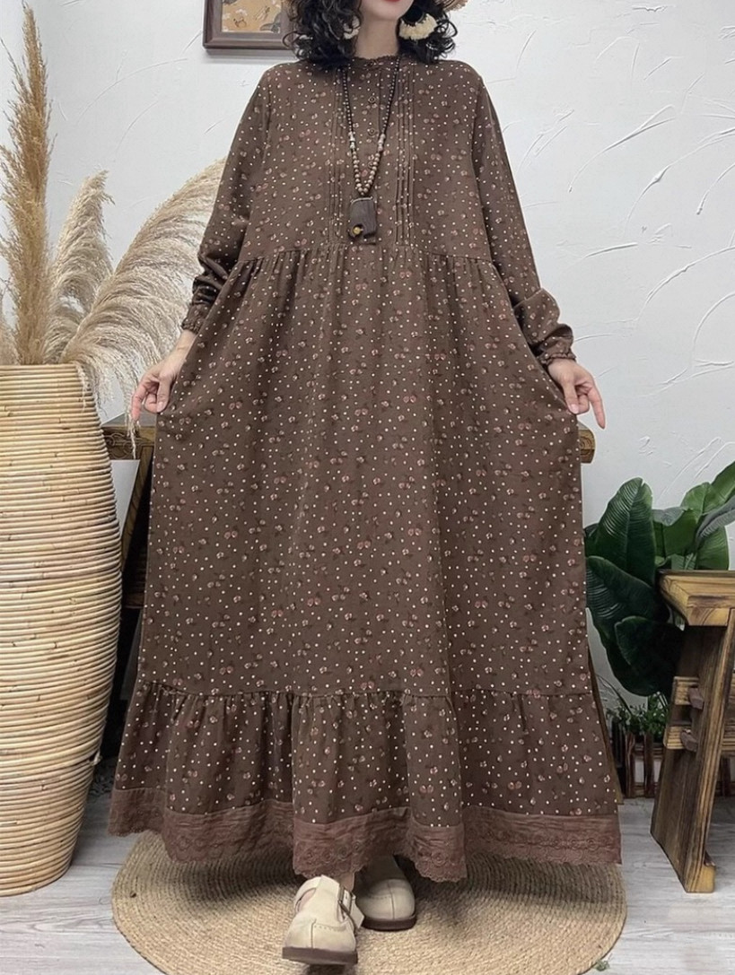春、秋、綿麻ワンピース・長袖・ポケット付き