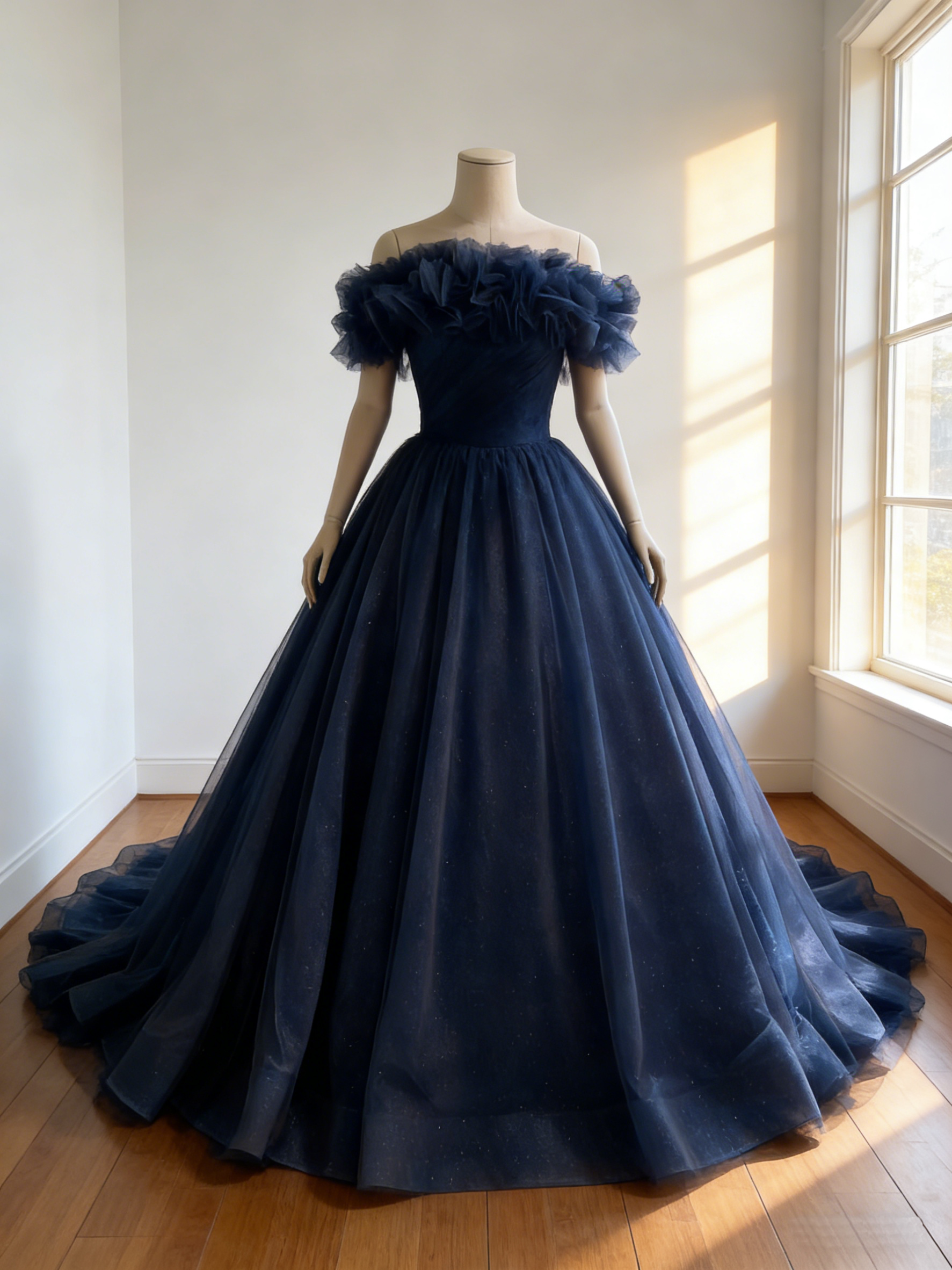 カラードレス   ネイビー   オフショルダー   ボリュームドレス  華やかなトレーン   結婚式