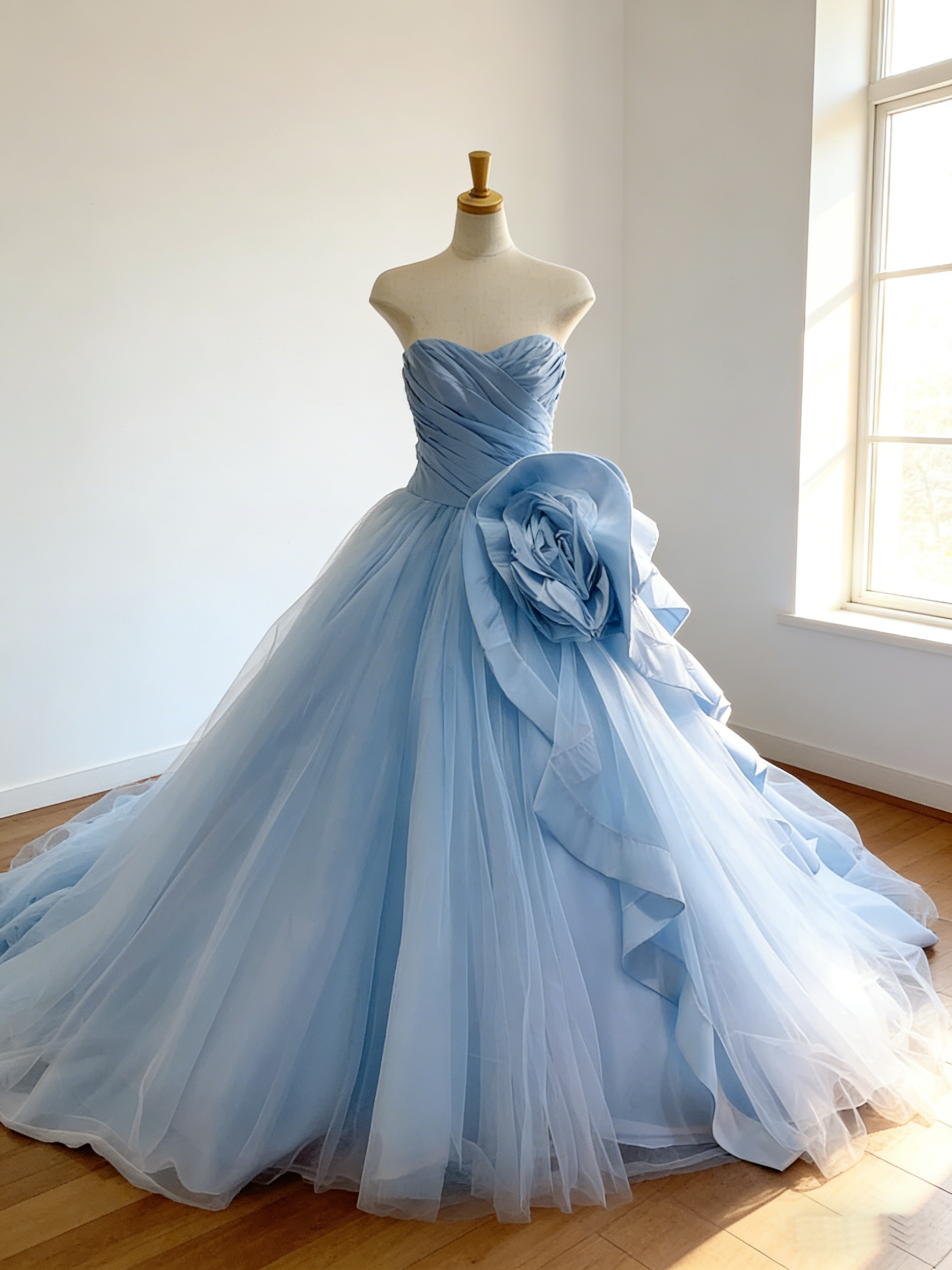 カラードレス   爽やかで優しいブルー   ビスチェドレス  バラトレーン  編み上げ   華やかなトレーン  花嫁