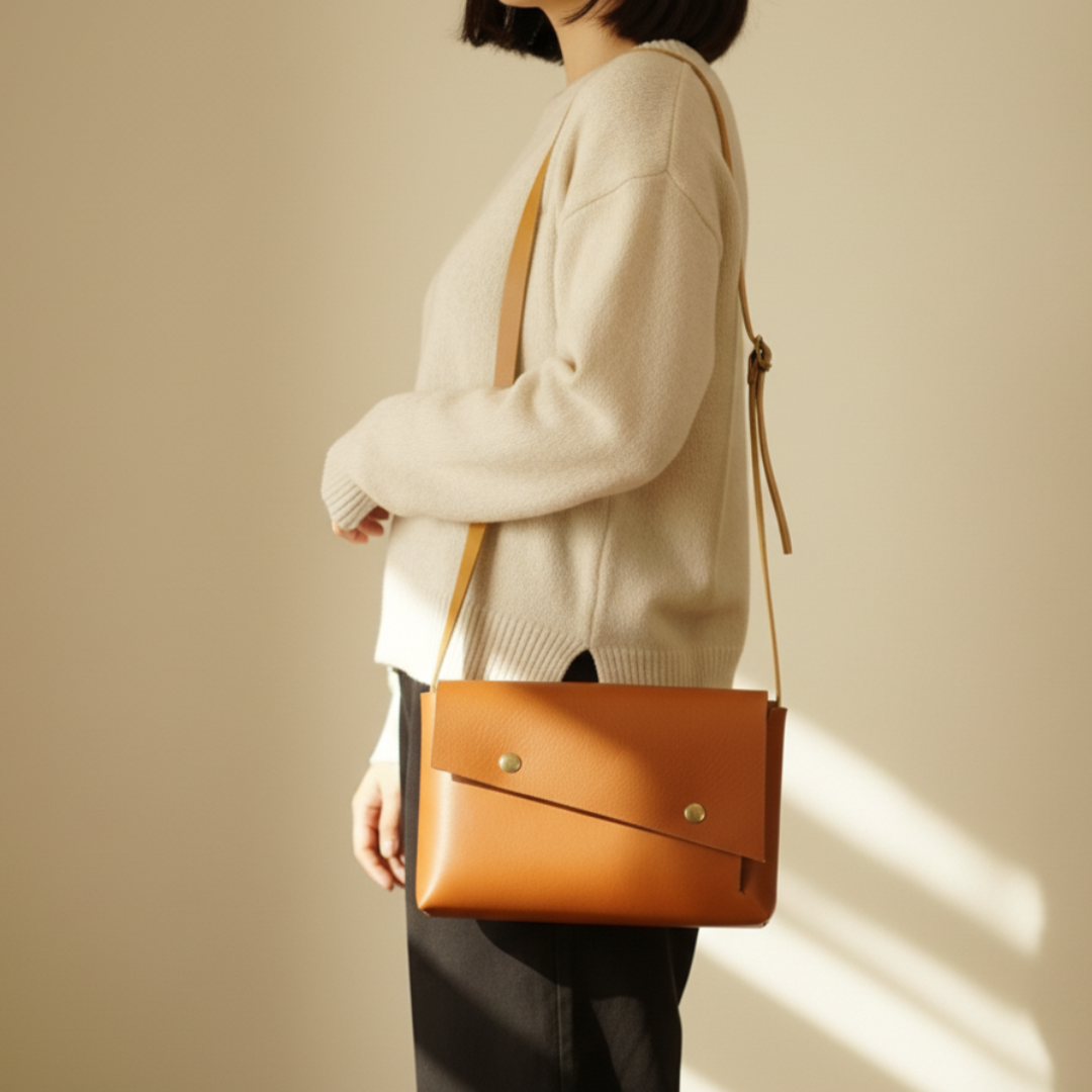 長方形の直線が宿る、一枚革ポシェット。キャメルイエローのイタリアンレザーの静かな存在感
