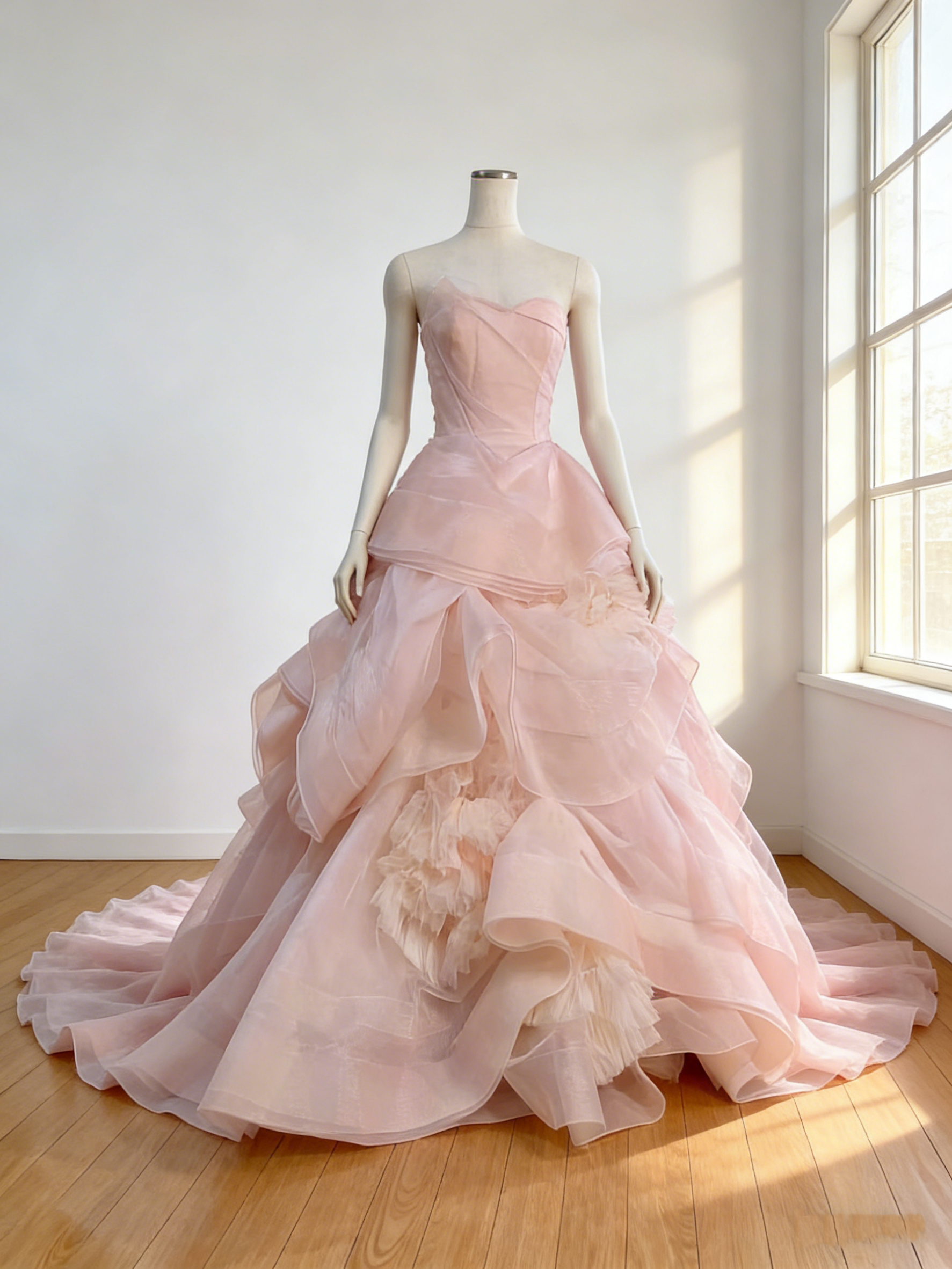 カラードレス  ピンク アシンメトリー風  ビスチェドレス  上質オーガンジー  トレーン 花嫁 前撮り